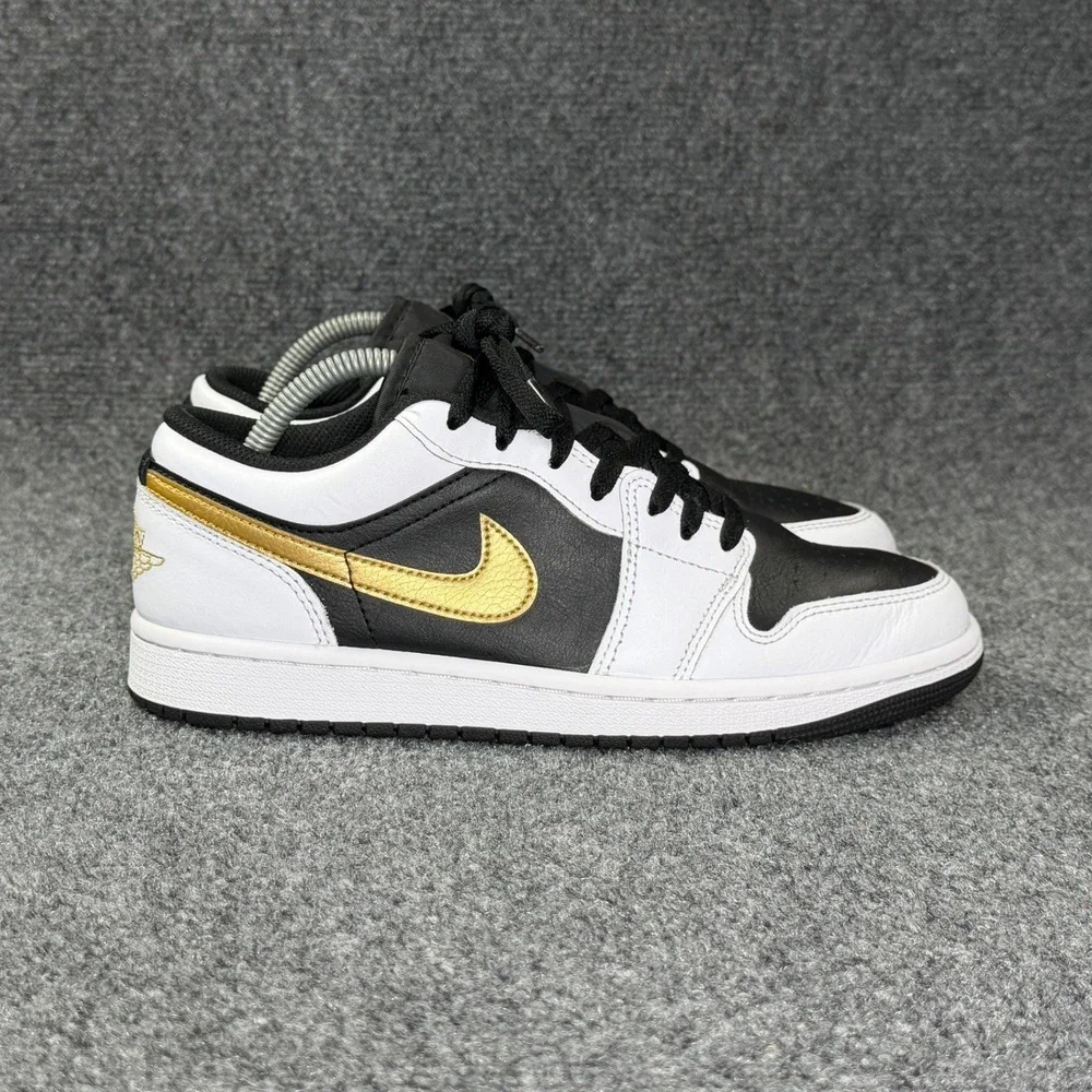 Jordan 1 Low Shoes Men's 8 White Black Metallic Gold Swoosh Athletic Sneakers